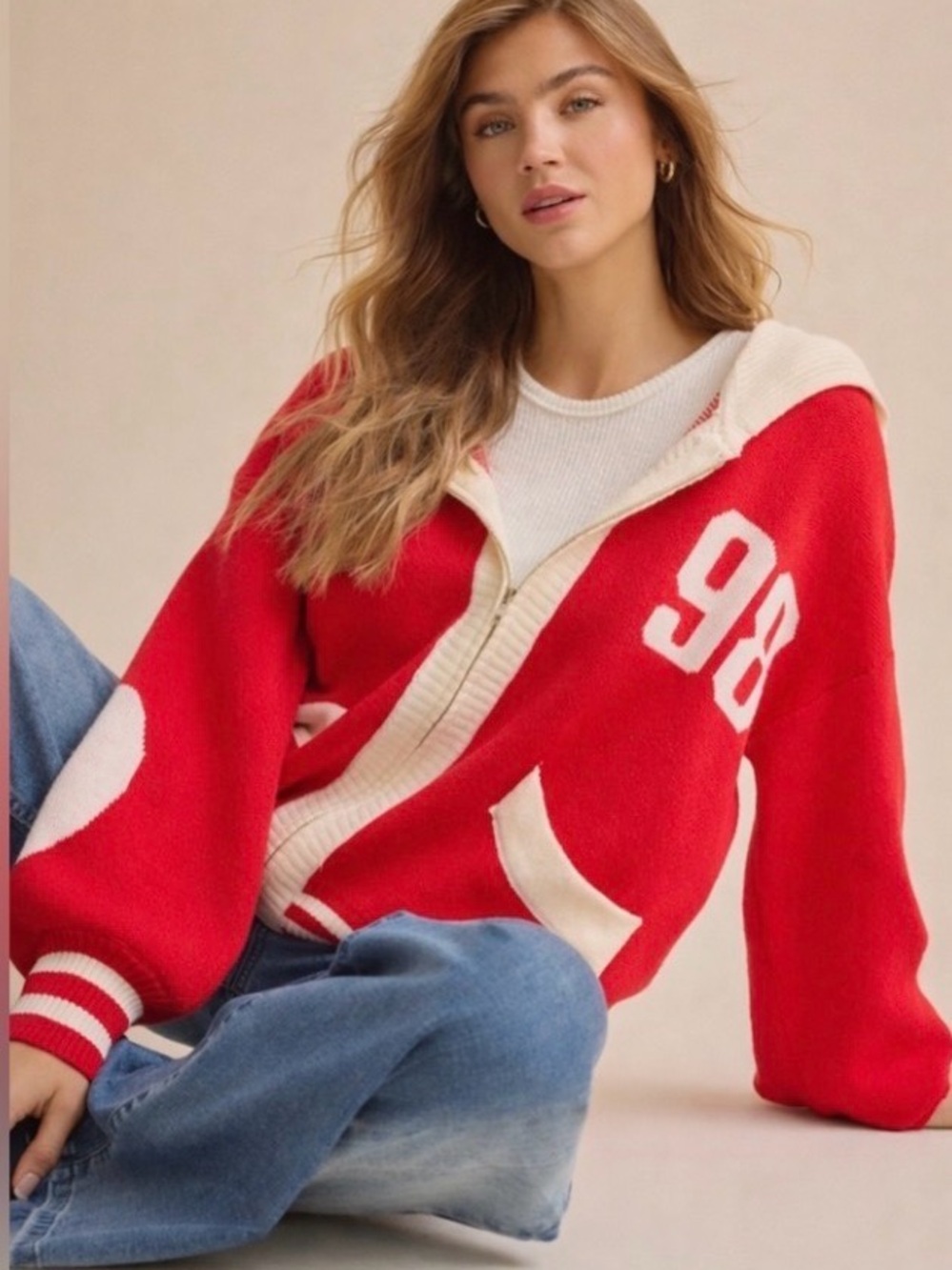 Altar'd State Red Varsity Zip Hoodie with Cream Trim - worn only once!